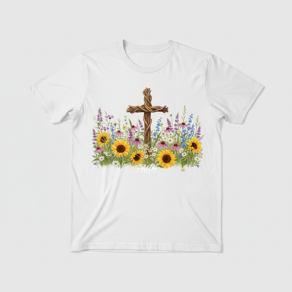 White t-shirt with flower field and tree-like cross