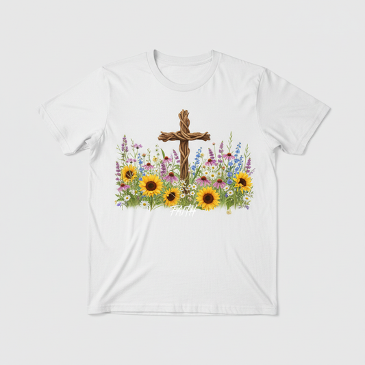 White t-shirt with flower field and tree-like cross